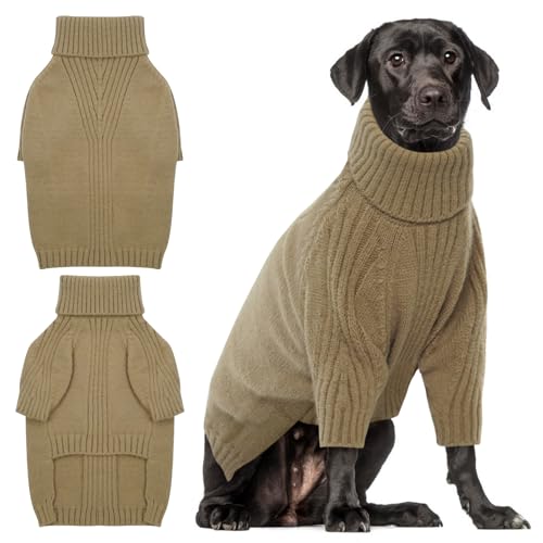 KATZINST Hundepullover Grosse Hunde, Hund Weihnachten Pullover, Warm Rollkragen Strick Hunde Pullover, Hundebekleidung Hundepulli große Hunde Labrador Dobermannpinscher, Gelbbraun 3XL von Katzinst