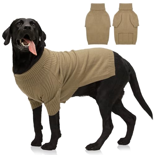 KATZINST Hundepullover Grosse Hunde, Hund Weihnachten Pullover, Warm Rollkragen Strick Hunde Pullover, Hundebekleidung Hundepulli große Hunde Labrador Dobermannpinscher, Gelbbraun 3XL von Katzinst