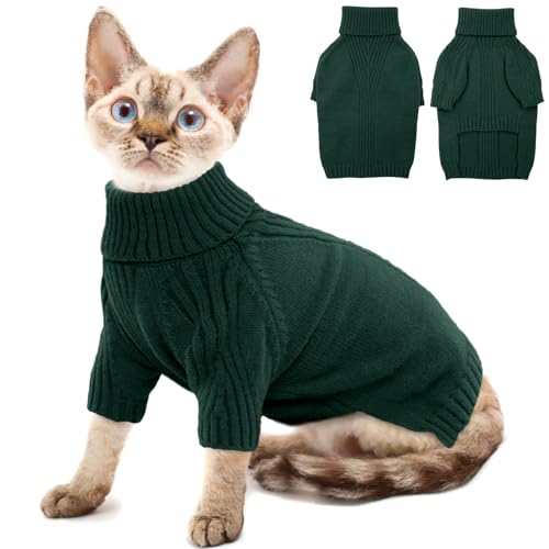 KATZINST Katzenpullover, Katze Weihnachten Pullover, Warm Rollkragen Strick Katzen Pullover, Katzenbekleidung Pullover für Katzen Kleidung, Grün M von Katzinst