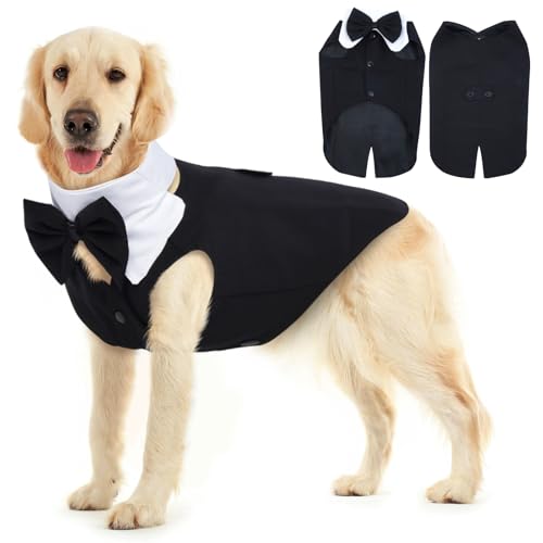 Katzinst Hund Smoking Anzug & Hundefliege, Verstellbare elastische Hundekrawatte, Hundemantel mit Knopfleiste für Mittlere und Große Hunde, Hundejacke für Partys, Hochzeiten, Dinnerpartys,2XL von Katzinst