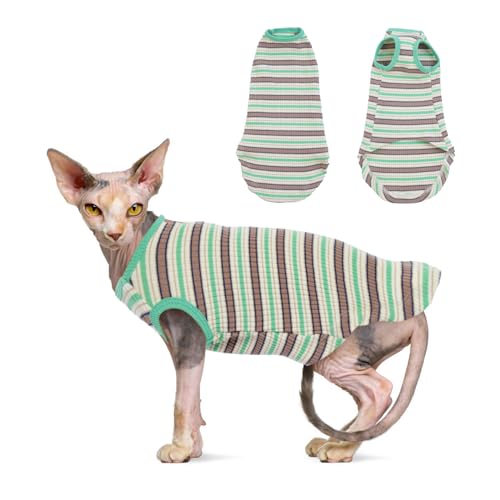 Katzinst Haarlose Sphynx Katzenkleidung Pullover für Katzen, Katzenpullover Katzenhemden, Gestreiftes Katzenhemd T-Shirts Atmungsaktive Katzenbekleidung Weste Pyjamas Overall für Katzen, Grün, L von Katzinst