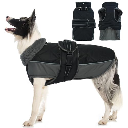 Katzinst Hundemantel, Hunde Wintermantel mit Reflektierenden Streifen, wasserdichte Hundemantel für Mittelgroße und Große Hunde, Warmer Mantel für Border Collie,Golden Retriever,Schwarz,2XL von Katzinst