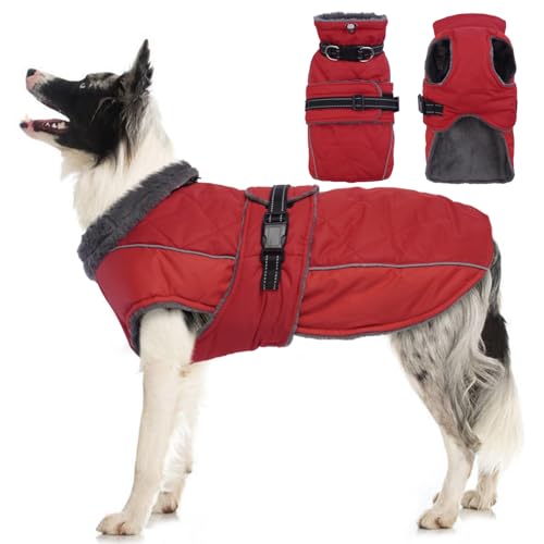 Katzinst Hundemantel, Hunde Wintermantel mit Reflektierenden Streifen, wasserdichte Hundemantel für Mittelgroße und Große Hunde, Warmer Mantel für Border Collie,Rot,3XL von Katzinst