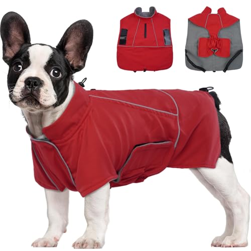 Katzinst Wasserdicht Hunderegenmantel für Mittelgroße Hunde, Hundejacke Maschinen Waschbarer, Fleecefutter Hundejacke Reflektierender Streifen Französische Bulldogge Cheng Rot M von Katzinst