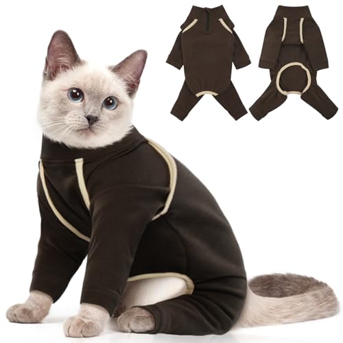 Katzinst Katzenpullover mit klebrigem Haar,Katzenbekleidung mit Reißverschluss hinten, Katzenkleidung mit Vier Beinen, Weiche und Elastische Perserkatze-Kleidung,Coffee，XS von Katzinst