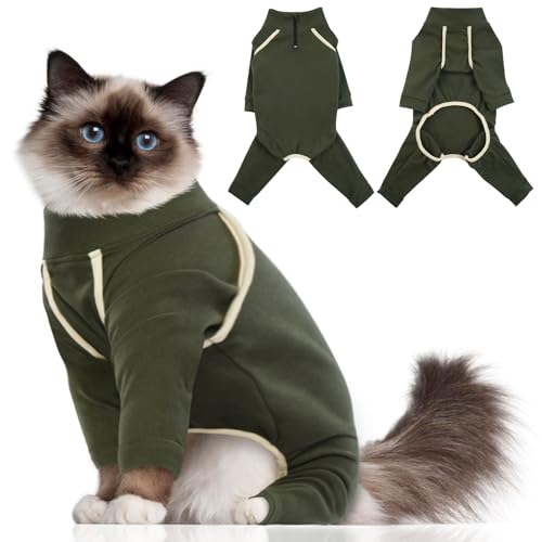 Katzinst Katzenpullover mit klebrigem Haar,Katzenbekleidung mit Reißverschluss hinten, Katzenkleidung mit Vier Beinen, Weiche und Elastische Perserkatze-Kleidung,Grün,2XL von Katzinst