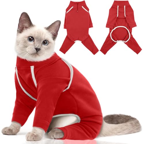 Katzinst Kleidung,Katzenbekleidung aus Klebrigem Fell mit Reißverschlüssen,Katzenpyjamas, 4-beinige Katzenbekleidung, Vorbeugung von Haarausfall,Burgundy,L von Katzinst