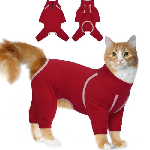 Katzinst Katzenpullover mit klebrigem Haar,Katzenbekleidung mit Reißverschluss hinten, Katzenkleidung mit Vier Beinen,Weiche und Elastische Chinchilla Golden-Kleidung,Burgundy，2XL von Katzinst