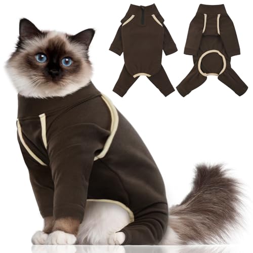 Katzinst Katzenpullover mit klebrigem Haar,Katzenbekleidung mit Reißverschluss hinten, Katzenkleidung mit Vier Beinen,Weiche und Elastische Birman-Kleidung,Coffee，L von Katzinst