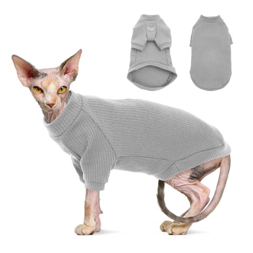 Katzinst Sphynx Katze Kleidung, Atmungsaktive haarlose Katze Shirt mit Ärmeln, Turtleneck Kitten Pullover Pyjamas Outfit für Cornish Rex, Devon Rex, Peterbald,Grau,L von Katzinst