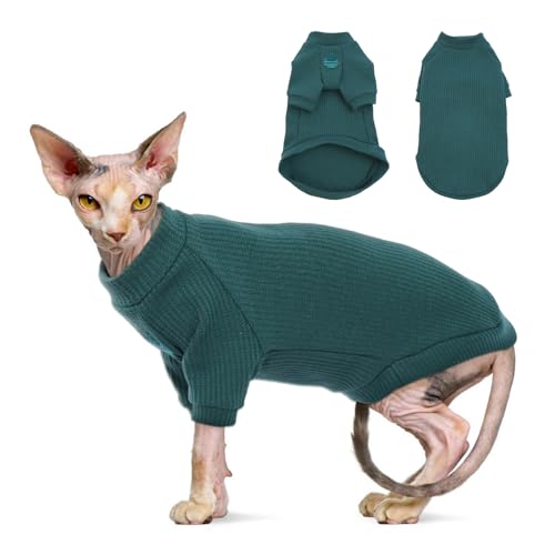 Katzinst Sphynx Katze Kleidung, Atmungsaktive haarlose Katze Shirt mit Ärmeln, Turtleneck Kitten Pullover Pyjamas Outfit für Cornish Rex, Devon Rex, Peterbald，Grün，L von Katzinst