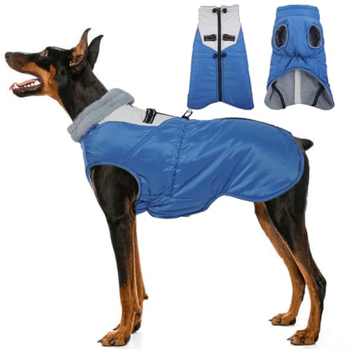 Katzinst Warmer Hundemantel, Winddichte Hundejacke Geeignet für mittelgroße und große Hunde, Winterjacke für Hunde mit Kordelzug an Taille und Hals, Warmer Mantel für Pitbull Labrador Blau 2XL von Katzinst