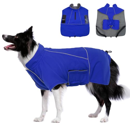 Katzinst Hundemantel,Hundejacke Winter Warmer Hunderegenmantel für Große Hunde,Hundemantel Wasserdicht Maschinen Waschbarer, HundeKleidung Reflektierender Streifen Cheng Blau 2XL von Katzinst