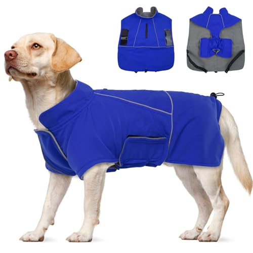 Katzinst Hundemantel,Hundejacke Winter Warmer Hunderegenmantel für Große Hunde,Hundemantel Wasserdicht Maschinen Waschbarer, HundeKleidung Reflektierender Streifen Cheng Blau 3XL von Katzinst