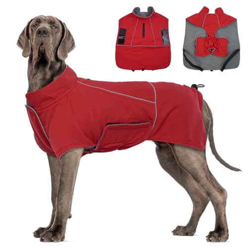 Katzinst Wasserdicht Hunderegenmantel für Große Hunde, Hundejacke Maschinen Waschbarer, Fleecefutter Fleecefutter Hundejacke Reflektierender Streifen Cheng Rot 4XL von Katzinst