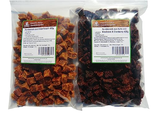 Fleischwürfel 2 x 400g, eine Packung Hundesnack aus Huhn mit Blaubeere & Cranberry & eine Packung Würfel mit Entenfleisch; Traningssnack; hoher Anteil an Fleisch, Deutsche Herstellung von Kaureks Natur Hundeleckerlies