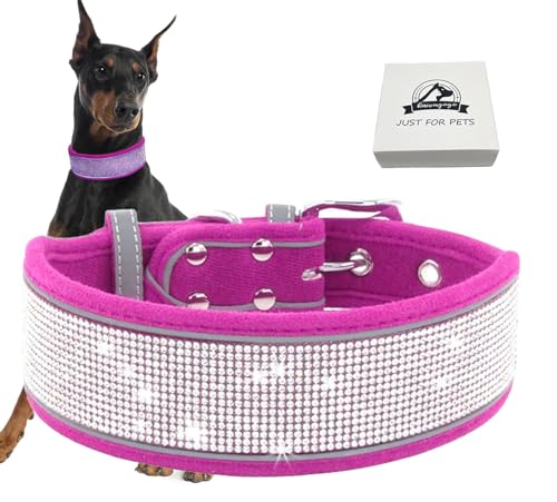 Bling Diamond Hundehalsband für Damen und Mädchen, weiches Samt-Leder mit ausgefallenen funkelnden Kristall-Strasssteinen, reflektierenden Streifen, für mittelgroße und große Hunde (Hot Pink, M) von Kawagogo