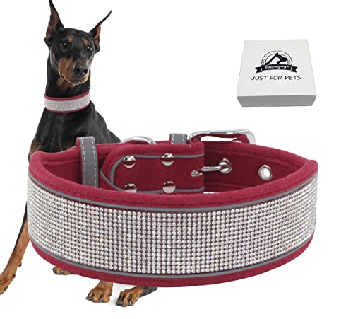 Bling Diamond Hundehalsband für Damen und Mädchen, weiches Samt-Leder mit ausgefallenen glitzernden Kristall-Strasssteinen, reflektierenden Streifen, für mittelgroße und große Hunde und Welpen, Rot, von Kawagogo