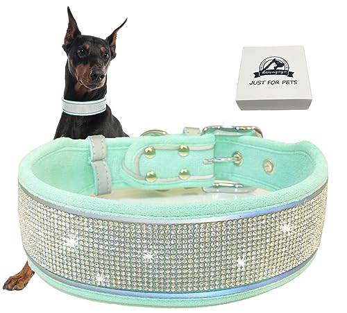 Kawagogo Bling Diamond Hundehalsband für Damen und Mädchen, weiches Samtleder mit ausgefallenen glitzernden Kristall-Strasssteinen, reflektierende Streifen, für große Hunde und Welpen (Grün, L) von Kawagogo