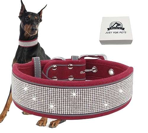 Kawagogo Bling Süßes Diamant-Hundehalsband für Damen und Mädchen, weiches Samt-Leder mit glitzernden Kristall-Strasssteinen, für mittelgroße und große Hunde (Rot, M) von Kawagogo