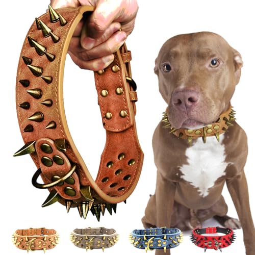 Kawagogo Hundehalsband mit Spikes, mit großen scharfen Spikes, PU-Leder, 5.1 cm breit, strapazierfähig, schützt den Hals des Hundes vor Bissen, Pitbull Dobermann Deutscher Schäferhund (braun, S) von Kawagogo