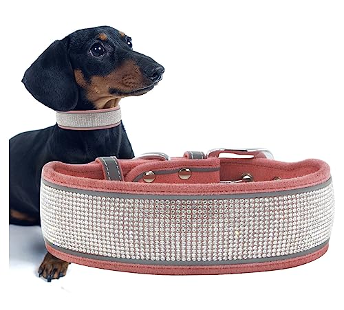 Süßes Diamant-Hundehalsband für weibliche Mädchen, weiches Samt-Leder mit funkelnden Kristall-Strasssteinen, reflektierenden Streifen, für mittelgroße und große Hunde (Rosa, S) von Kawagogo
