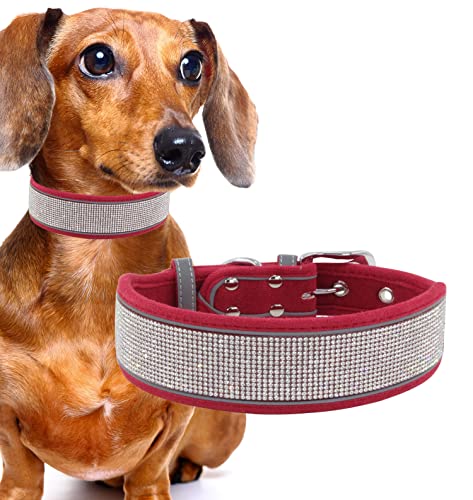 Süßes Hundehalsband für Damen und Mädchen, weiches Samt-Leder mit glitzernden Kristall-Strasssteinen, reflektierenden Streifen, passend für mittelgroße und große Hunde (Rot, S) von Kawagogo