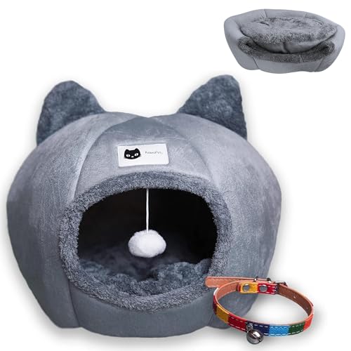 Katzenbett - Katzenhaus - Kleines Hundebett - Katzenhöhle - Katzenhütte mit abnehmbarem, waschbarem, gepolstertem Innenkissen, hängendem Spielzeugball, mit Buntem Halsband als Geschenk. von KawaiPets