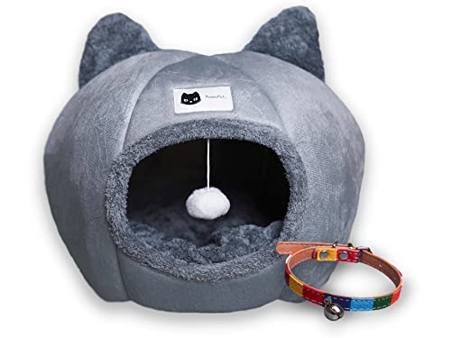 Katzenbett - Katzenhaus - Kleines Hundebett - Katzenhöhle - Katzenhütte mit abnehmbarem, waschbarem, gepolstertem Innenkissen, hängendem Spielzeugball, mit buntem Halsband als Geschenk. von KawaiPets