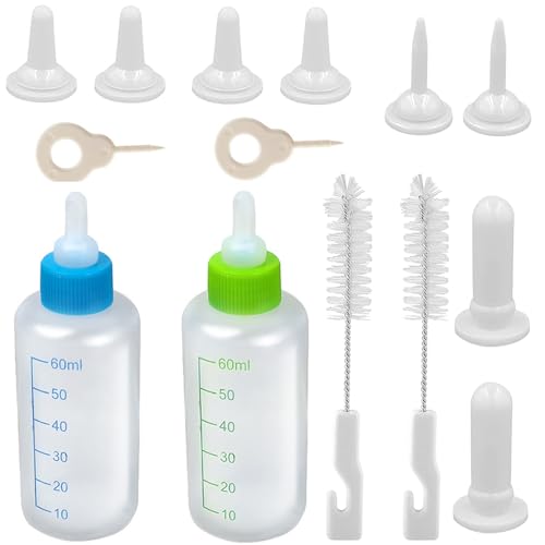 Kätzchenflasche, 2 Stücke Welpen Stillflasche, Fläschchen Set für Haustiere, Aufzuchtflasche 60ML, Ersatz Mini Nippel, für Neugeborene Welpen Katze Eichhörnchen Kleine Säugetiere von Kduew