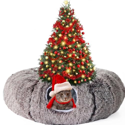 Cat Tunnel Bed Under Christmas Tree, Christmas Tree Cat Bed, Katzentunnel Katzenbett, Faltbar Weihnachten Katzenspielzeug mit Zentraler Matte & Glockenball, Katzentunnel, Großer Katzentunnel (Kaffee) von Keeplus