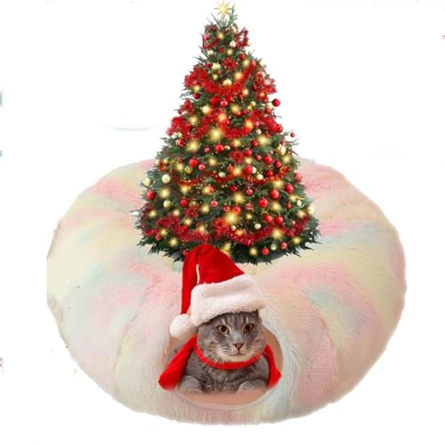 Cat Tunnel Bed Under Christmas Tree, Christmas Tree Cat Bed, Katzentunnel Katzenbett, Faltbar Weihnachten Katzenspielzeug mit Zentraler Matte & Glockenball, Katzentunnel, Großer Katzentunnel (Bunt) von Keeplus