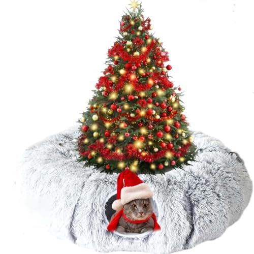 Cat Tunnel Bed Under Christmas Tree, Christmas Tree Cat Bed, Katzentunnel Katzenbett, Faltbar Weihnachten Katzenspielzeug mit Zentraler Matte & Glockenball, Katzentunnel, Großer Katzentunnel (Grau) von Keeplus