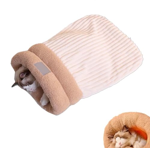 Cat Winter Sleeping Bag, 2024 Best Cat Sleeping Bag for Indoor Cats, Katzenschlafsack Groß Bequem, selbstwärmend Weicher Fleece-Schlafsack für Katzen, Katzen Kuschelhöhle für Welpen (Beige, L) von Keeplus