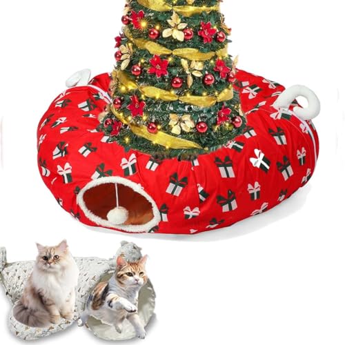 Christmas Tree Cat Tunnel, Cat Tunnel Christmas Tree Skirt, Katzentunnel Katzenbett, Faltbar Weihnachten Katzenspielzeug mit Zentraler Matte & Glockenball, Katzentunnelbett mit Spielzeugball (Rot) von Keeplus