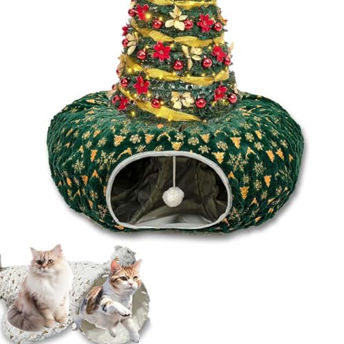 Christmas Tree Cat Tunnel, Cat Tunnel Christmas Tree Skirt, Katzentunnel Katzenbett, Faltbar Weihnachten Katzenspielzeug mit Zentraler Matte & Glockenball, Katzentunnelbett mit Spielzeugball (Grün) von Keeplus