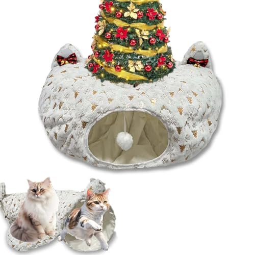 Christmas Tree Cat Tunnel, Cat Tunnel Christmas Tree Skirt, Katzentunnel Katzenbett, Faltbar Weihnachten Katzenspielzeug mit Zentraler Matte & Glockenball, Katzentunnelbett mit Spielzeugball (Weiß) von Keeplus