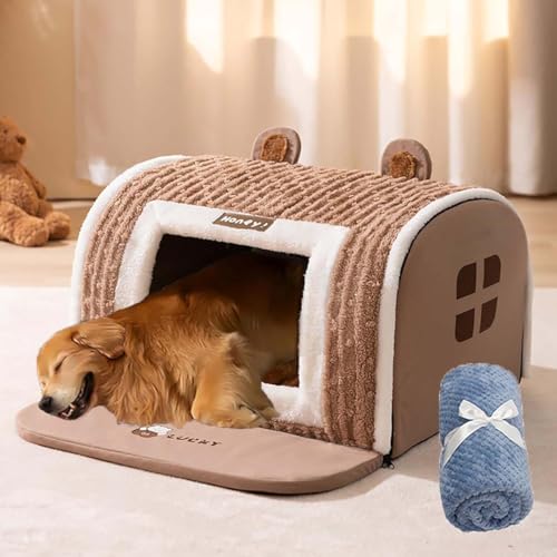 Furry Hut Dog Bed,Furryhut Dog Bed,Happy Luna Semi Enclosed Pet Bed with Cover Cave,Flauschiges Katzenbett,Superweich Katzenbett mit Rutschfester Unterseite,Hundekissen Waschbar für Hunde (Braun, L) von Keeplus