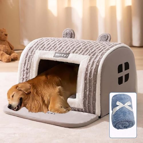 Furry Hut Dog Bed,Furryhut Dog Bed,Happy Luna Semi Enclosed Pet Bed with Cover Cave,Flauschiges Katzenbett,Superweich Katzenbett mit Rutschfester Unterseite,Hundekissen Waschbar für Hunde (Grau, L) von Keeplus