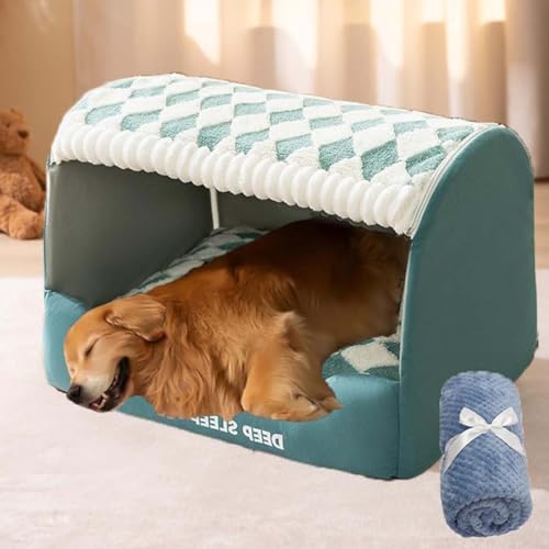 Furry Hut Dog Bed,Furryhut Dog Bed,Happy Luna Semi Enclosed Pet Bed with Cover Cave,Flauschiges Katzenbett,Superweich Katzenbett mit Rutschfester Unterseite,Hundekissen Waschbar für Hunde (Grün, L) von Keeplus