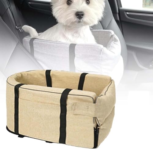 Gentle Paws Car Seat Cat Carrier, Gentle Paws Pet Car Seat, Hunde autositz, Mittelkonsole für Hunde, kleine Stabiler hundeautositz mit Gurt, Abnehmbarer Waschbar hundesitz für Auto, Welpen (Khaki, 1) von Keeplus