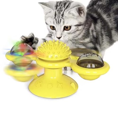 Keeplus Interactive Windmill Cat Toys with Catnip, Windmill Catnip Toys, 3 in1 Katzenminze Ball für Katzen, Interaktive Windmühle Katzenspielzeug, Windmühle Drehbares Katzen Leckerli Spielzeug (Gelb) von Keeplus