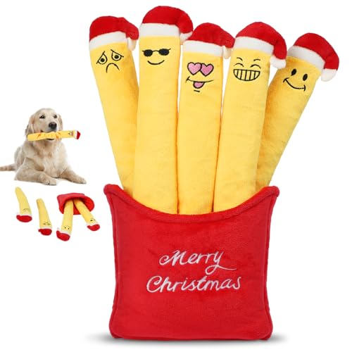 Keeric® Quietschendes Weihnachts-Hundespielzeug, 5 Pack Plüsch Pommes Frites mit Quietscher, Weihnachten Hund Kauen Pommes Frites Hundespielzeug mit Smiley-Muster, lustiges quietschendes interaktives von Keeric