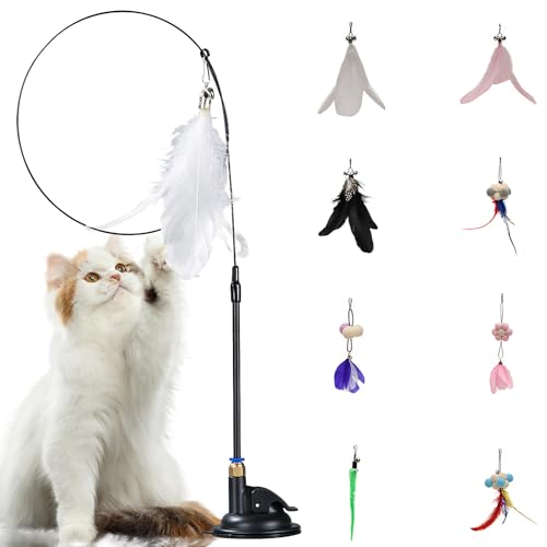 Interaktives Katzenspielzeug Angel,Katzen Spielzeug mit Saugnäpfen,9pc Katzenspielzeug Selbstbeschäftigung Interaktives Spielzeug für Katzen,Federspielzeug für Katzenangel Cat Toys von Keho Keho Kehongdun