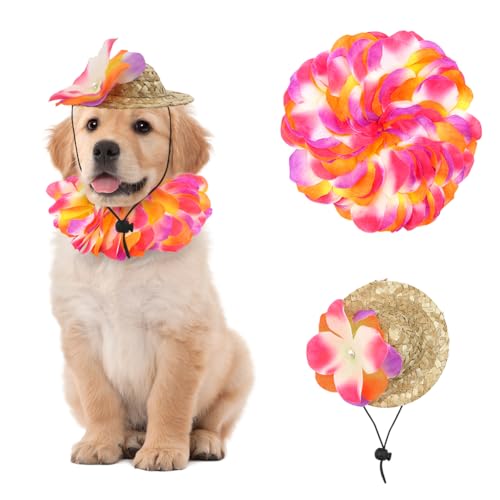 Hawaiianisches Haustierkostüm, Hundekostüm, 1 x Blumengirlande und 1 x hawaiianischer Strohhut, für Hunde, Welpen, Hawaiianische Leis, Outfits für Haustiere, Katzen, Party, Verkleidung, Cosplay-Kostüm von Kelamayi