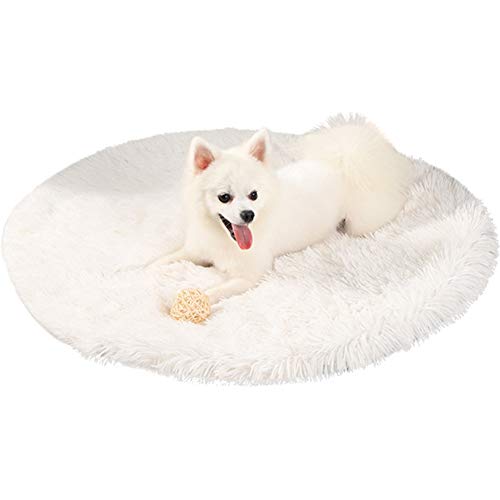 Kelendle 61 cm Plüsch-Hundebett-Matte, warm, flauschig, rund, mit rutschfester, wasserdichter Unterseite, bequemer Haustier-Hundehütten-Matte für kleine und mittelgroße Hunde, zum Schlafen (weiß) von Kelendle