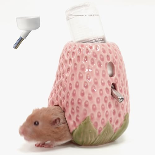 Kelivi Hamster Wasserflasche, Erdbeer Keramik Hamster Wasserflasche für Glastank, 80ML Wasserflaschenhalter mit 2 Keine Tropfkappen für Syrische Zwerg Hamster Mäuse Gerbil(Pink) von Kelivi