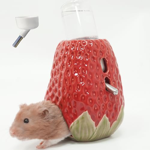 Kelivi Hamster Wasserflasche, Erdbeer Keramik Hamster Wasserflasche für Glastank, 80ML Wasserflaschenhalter mit 2 Keine Tropfkappen für Syrische Zwerg Hamster Mäuse Gerbil(Red) von Kelivi