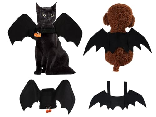 Kellegour 2 Stücke Hund Fledermaus Kostüme,Halloween Haustier Fledermausflügel,Halloween Kostüm Hund mit 2 Pumpkin Bell,Kostüme Cosplay Hundekostüm,Katzenkostüm für Party,für Katzen und Kleine Hunde von Kellegour