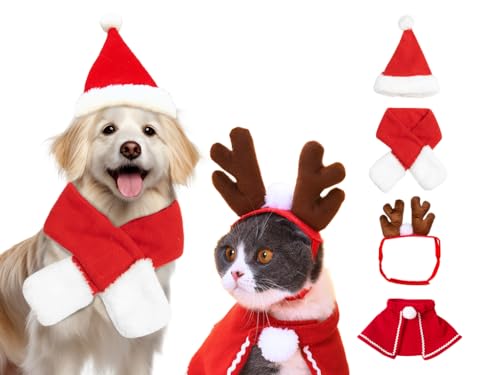 Kellegour 4 Pcs Haustier Weihnachtskostüm,Weihnachten Katzenkostüm Hundekostüm,Weihnachtskostüm für Katzen,Haustier Weihnachtskleidung,für Hunde,Katzen,Halloween,Weihnachten von Kellegour